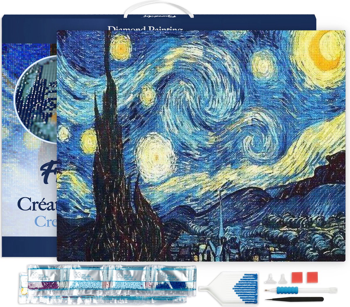 FiguredArt Diamond Painting set Volwassenen 40x50 cm met lijst Van Gogh Sterrennacht - 5D DIY Art full drill vierkante diamant - Canvas al ingelijst